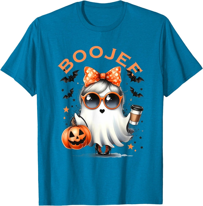 Spooky Halloween Ghost Reading Books Women Girl T Boo JEE Ghost with Coffee Coquette Bow Halloween Women Girl T-Shirt -