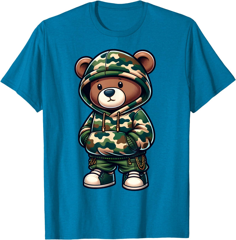 Camo Teddy Bear Hip Hop Designs for Men & Boys Camo Hip Hop Teddy Bear Camouflage Gangsta Streetwear Hustle T-Shirt - Sapphire Blue