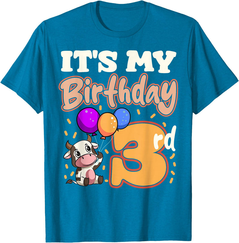 Cow Birthday 3 Party Farmyard Apparel Cow 3rd Birthday Party Balloons Moo Farm Animal Vet Barn T-Shirt - Sapphire Blue
