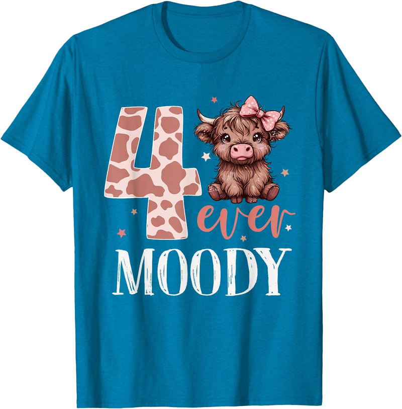 Highland Cow Print 4 Year Old Girl Birthday Gifts 4 Ever Moody Scottish Highland Cow 4th Birthday Girl T-Shirt - Sapphire