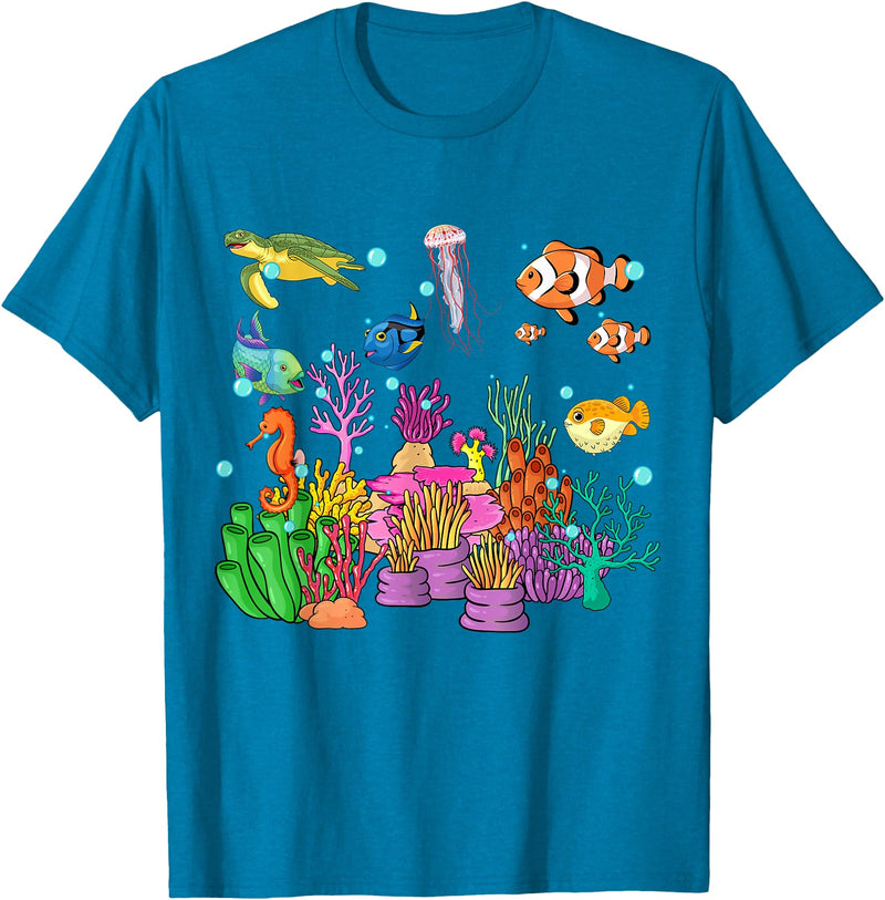 MASH MOSH Coral reef with colorful tropical Fish, Marine Life T-Shirt - Sapphire Blue