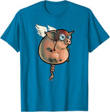 Logic Streetwear Flying Pig Funny Hand Drawn and Painted Art T-Shirt - Sapphire Blue