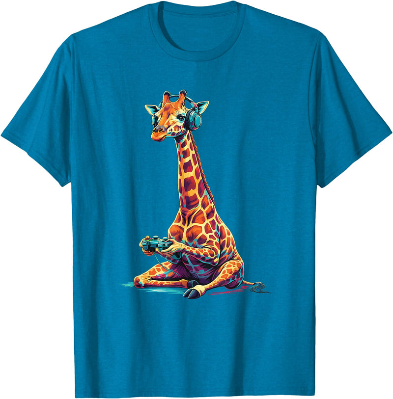 Giraffe Gamer Lovers Animal Men Women Kids Giraffe Gaming Animal Video Games Funny Giraffe T-Shirt - Sapphire Blue