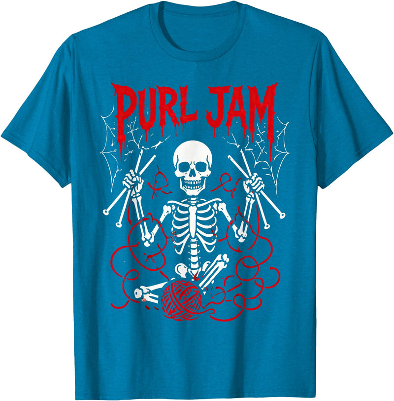 Bone Knitting Co. Purl Jam Skeleton Knitting Craft Lover Funny Design T-Shirt - Sapphire Blue