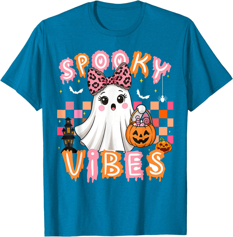 Cute Boo Leopard Halloween Costumes Spooky Vibes Cute Boo Ghost Halloween Costumes Girls T-Shirt - Sapphire Blue