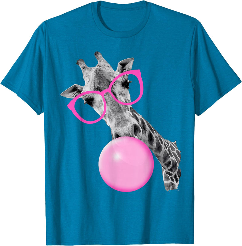 Pink Glasses and Bubblegum Animals Cool Giraffe Blowing Bubble with Pink Glasses – Funny Animal T-Shirt - Sapphire Blue