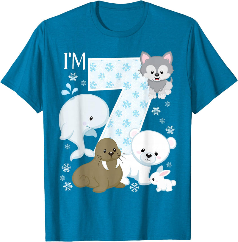 Arctic Animals Birthday Party Family Matching Bday Arctic Animals 7th Birthday Polar Bear Walrus Fox Sea Theme T-Shirt - Sapphire Blue