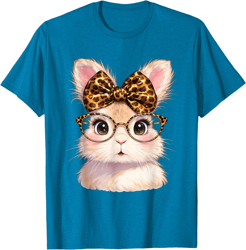 Easter Cute Bunny Rabbit with Glasses Leopard Coquette Bow T-Shirt in Sapphire Blue