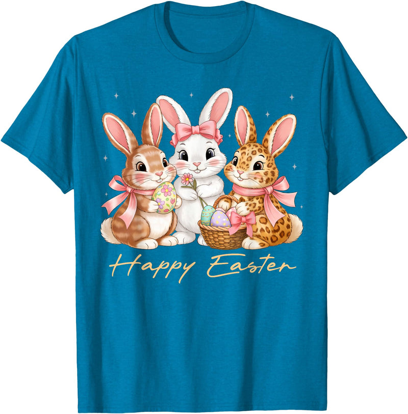 Happy Easter Women Girls Cute Bunny Rabbit Easter Day T-Shirt in Sapphire Blue