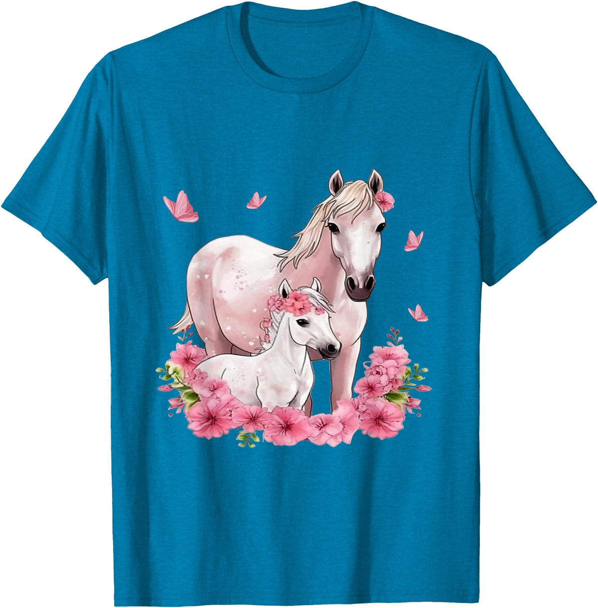 Horse Foal Butterfly Girl Flowers Horseback Riding Horse with Foal - Flowers and Butterflies T-Shirt - Sapphire Blue