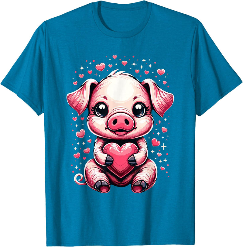 Cute Pig Valentine Apparel Pig Holding Heart Valentine's Day Cute Valentine T-Shirt - Sapphire Blue