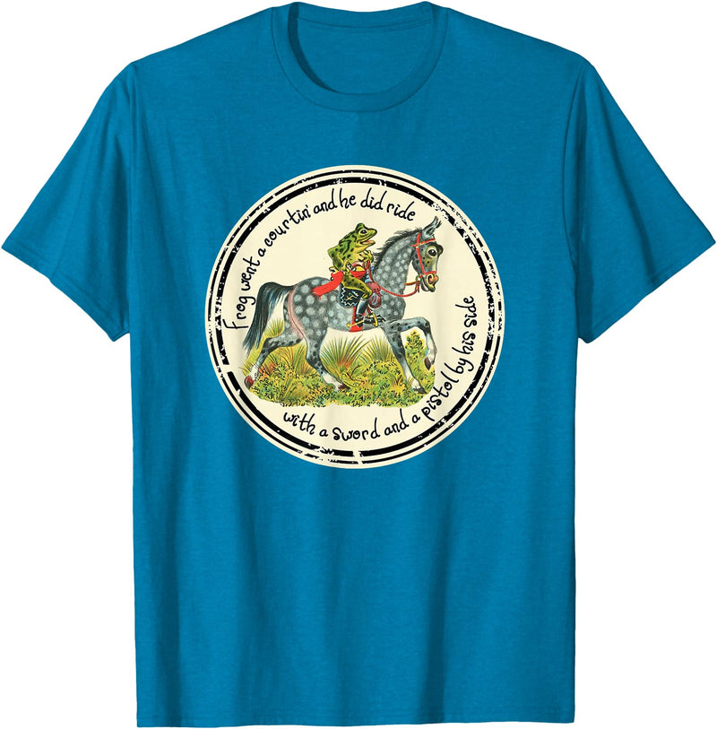 Brown County General Frog Went a Courtin Riding Horse with Sword Folk Tale T-Shirt - Sapphire Blue