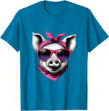 Fashionable Animals Wearing Pink Bandanas Pig Wearing A Pink Bandana Headband And Sunglasses T-Shirt - Sapphire Blue