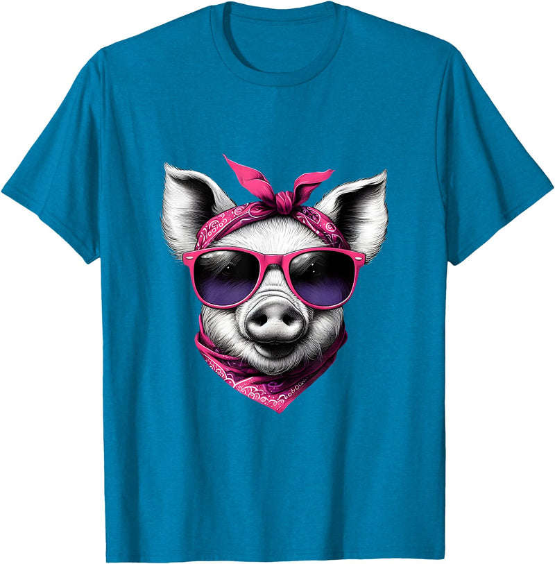 Fashionable Animals Wearing Pink Bandanas Pig Wearing A Pink Bandana Headband And Sunglasses T-Shirt - Sapphire Blue