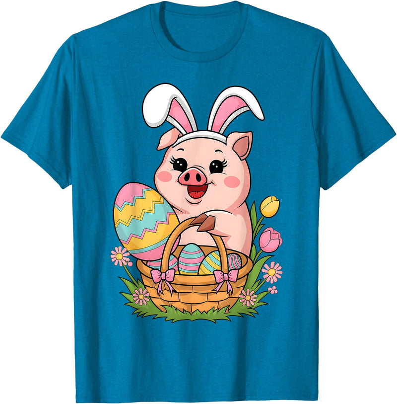 Happy Easter Pig Animal Happy Easter Women Girls Kids Easter Egg Basket Easter Pig T-Shirt - Sapphire Blue