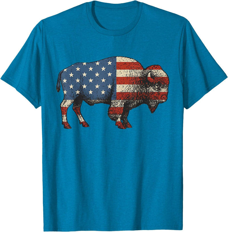 Bison American Buffalo Gifts & Apparel Stuff Bison USA American Flag Patriotic United States T-Shirt - Sapphire Blue
