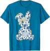 Cute Easter Toile Chinoiserie Blue Floral Bunny Coquette Bow T-Shirt in Sapphire Blue