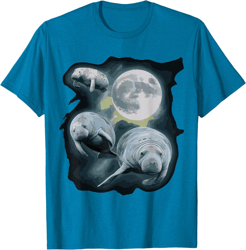 Manatee Howling Moon Manatee Sea Cow Three Manatee Howling At The Moon T-Shirt - Sapphire Blue