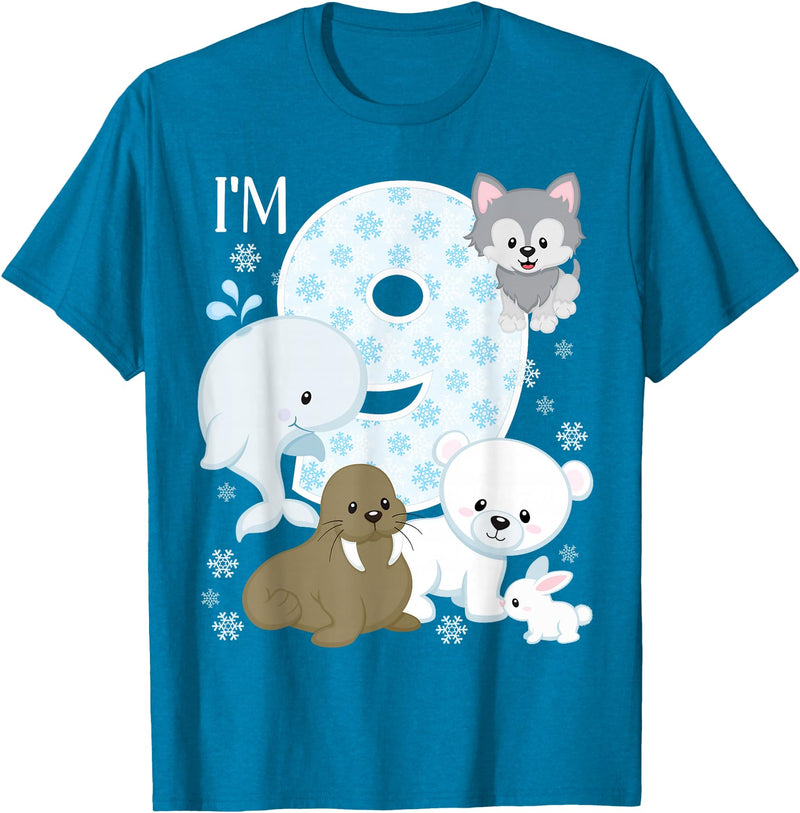 Arctic Animals Birthday Party Family Matching Bday Arctic Animals 9th Birthday Polar Bear Walrus Fox Sea Theme T-Shirt - Sapphire Blue