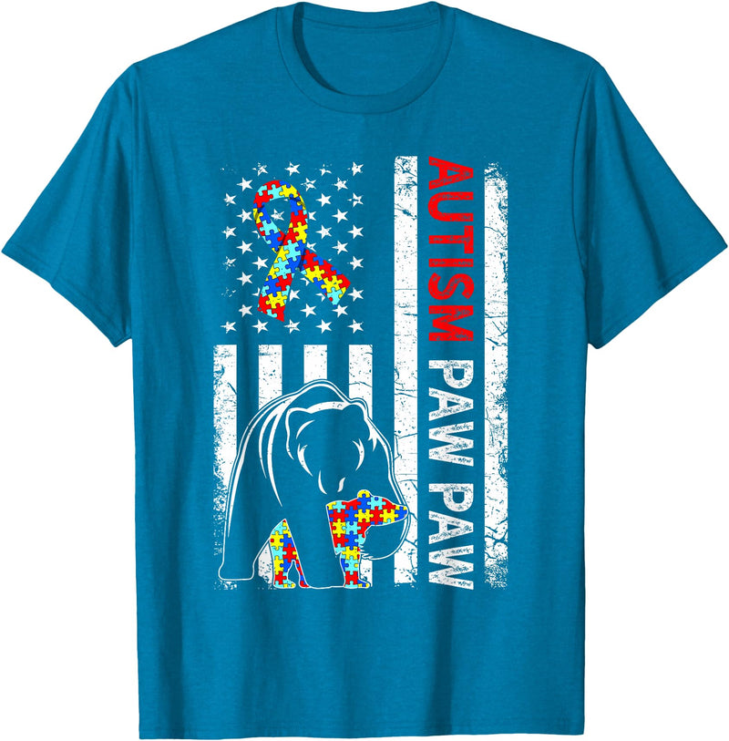 Distressed American Flag Autism Paw Paw Bear Awareness T-Shirt - Sapphire Blue