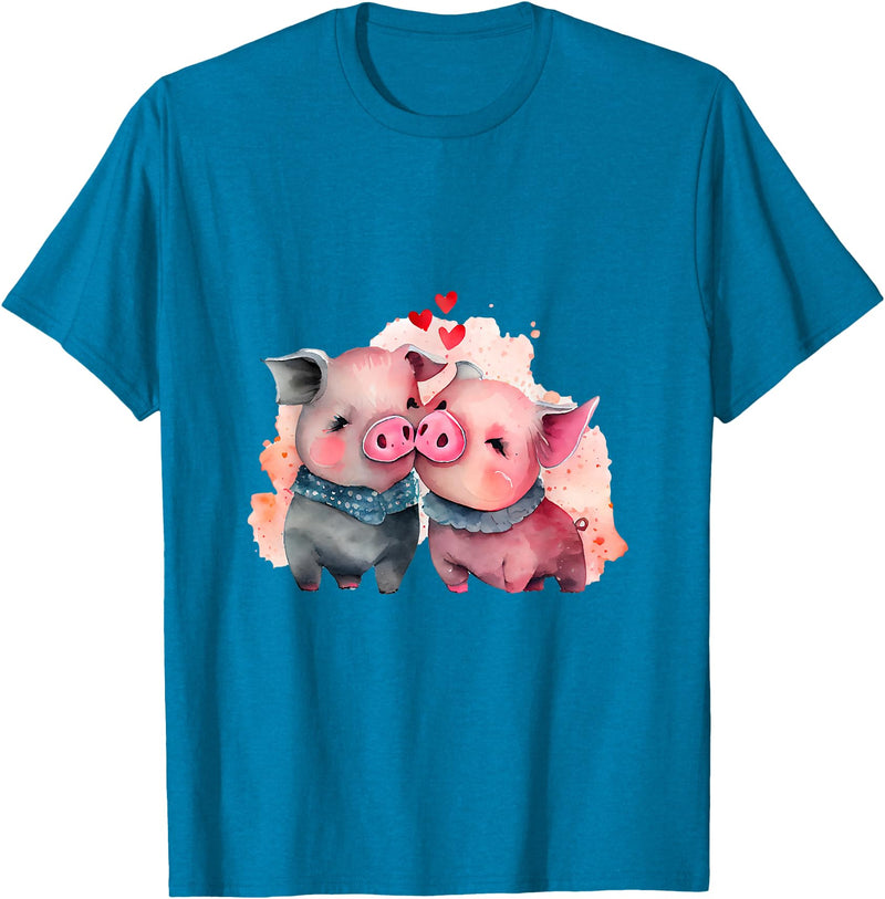 Unique Pig Lover Decor & Apparel Gifts Shop Two Loving Pigs In Love Heart Valentine's Day Pig T-Shirt - Sapphire Blue