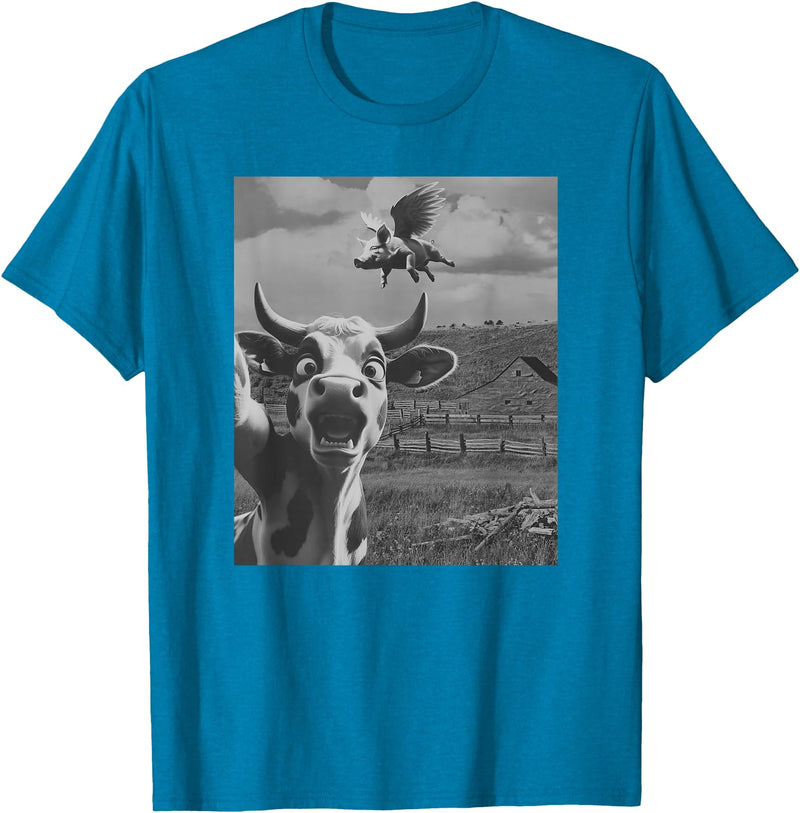 When Pigs Fly Pig Lover Designs Apparel Gifts Cow Selfie With Flying Pigs Fly Funny Gift for Men Women Kid T-Shirt - Sapphire Blue