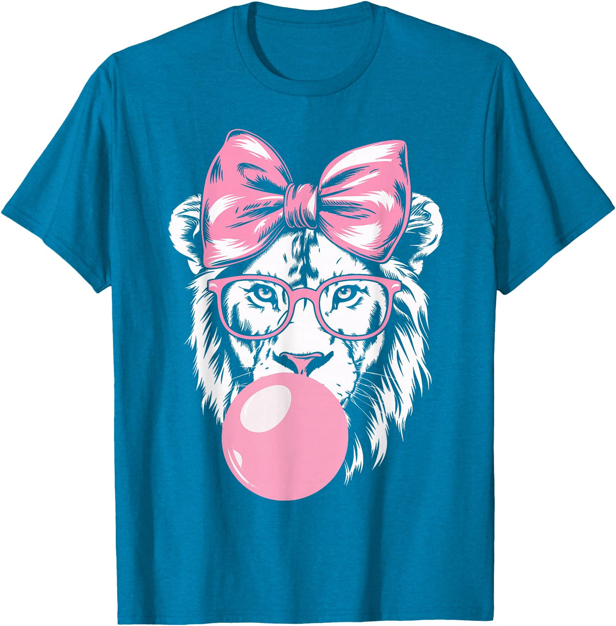 Lion Bubblegum Lion Wearing Glasses and Blowing Pink Bubble Gum T-Shirt - Sapphire Blue