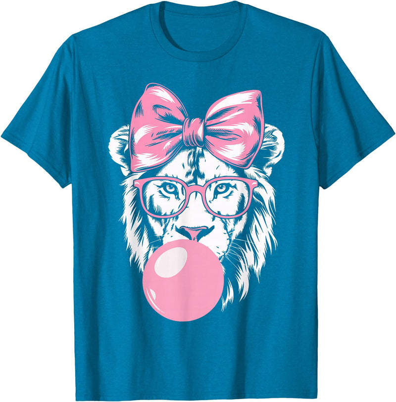 Lion Bubblegum Lion Wearing Glasses and Blowing Pink Bubble Gum T-Shirt - Sapphire Blue