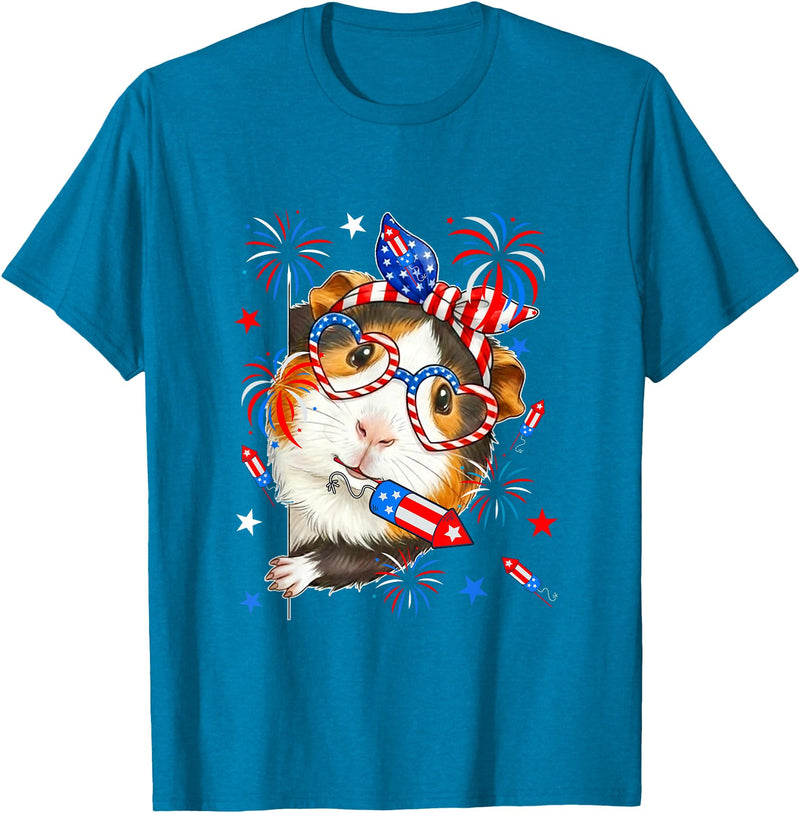 Rodent 4th Of July Costume Guinea Pig Sunglasses US Flag Bow Tie Fireworks 4th July T-Shirt - Sapphire Blue