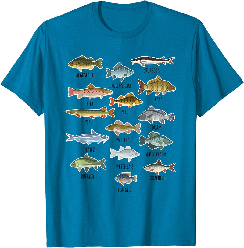 NABZR Angeln Geschenke & T-Shirts Types of Freshwater Fish Fishing T-Shirt - Sapphire Blue