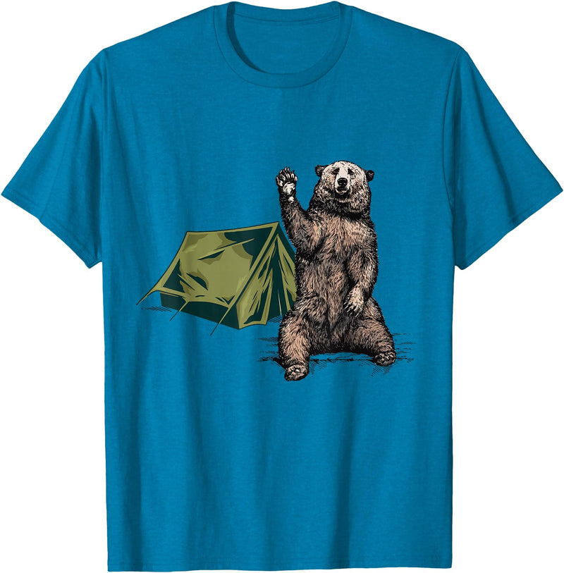 Funny Hiker Hiking Camping Bear Waving Funny Bear Waving Hiking Camping Bear Hiking T-Shirt - Sapphire Blue