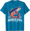 250 America Years 1776 2026 Fishing USA Flag Patriotic Leaping Salmon American Flag Fishing 4th of July T-Shirt - Sapphire Blue