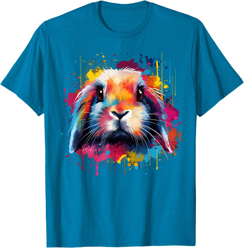 Cute Holland Lop Rabbit Lover Colorful Splash Art T-Shirt in Sapphire Blue