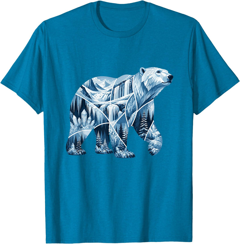 Arctic Polar Bear Mountain Waterfall Nature Arctic Polar Bear Forest Waterfall Landscape T-Shirt - Sapphire Blue