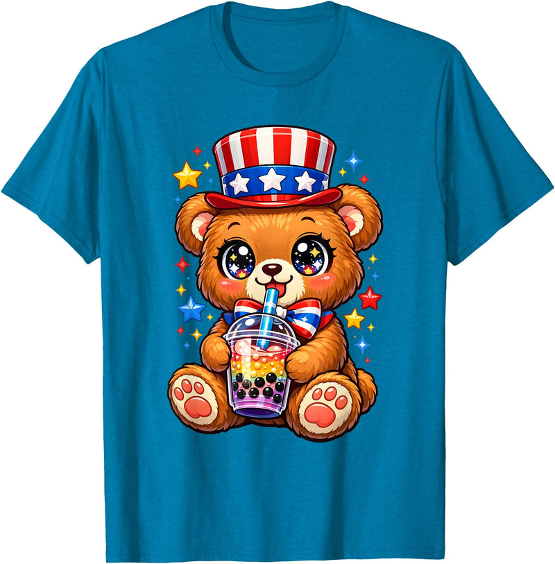 Kawaii Red White and Blue Fourth July Little Kids Cute Teddy Bear Patriotic 4th July Gift Bubble Boba Tea USA T-Shirt - Sapphire Blue