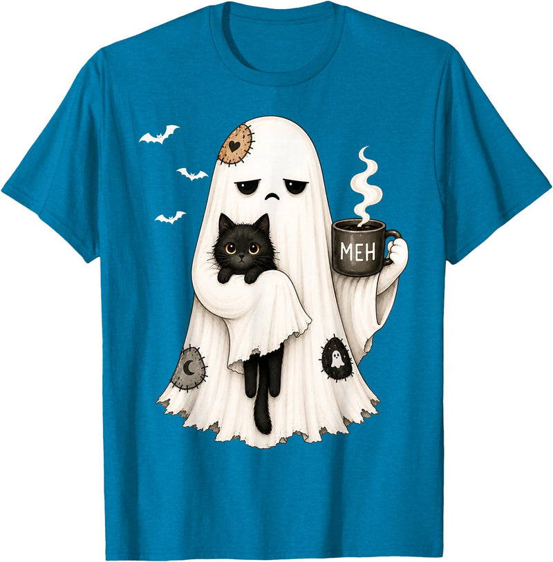 Halloween Cute Ghost Holding Black Cat Spooky Ghost Holding Black Cat Coffee Lover Funny Halloween T-Shirt - Sapphire Blue