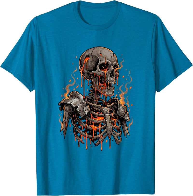Molten Skull Fire Horror Skeleton Art Designs Spooky Halloween Skull Skeleton Fire Dark Fantasy T-Shirt - Sapphire Blue