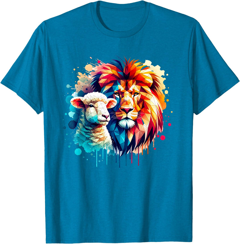 Christian Clothing Lion And Lamb Christian Art Lion And Lamb Geometric Christian Clothing T-Shirt - Sapphire Blue
