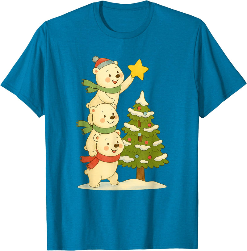 Cute Xmas Bear Cartoon for Kids and Family Cute Polar Bear Stacking Star on Tree Christmas T-Shirt - Sapphire Blue