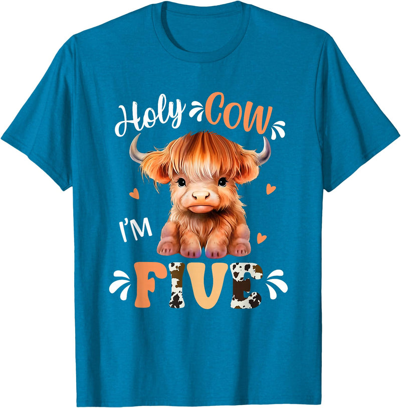 Highland Cow Print 5 Year Old Birthday Gift Holy Cow Im Five Scottish Highland Cow Print 5th Birthday T-Shirt - Sapphire Blue