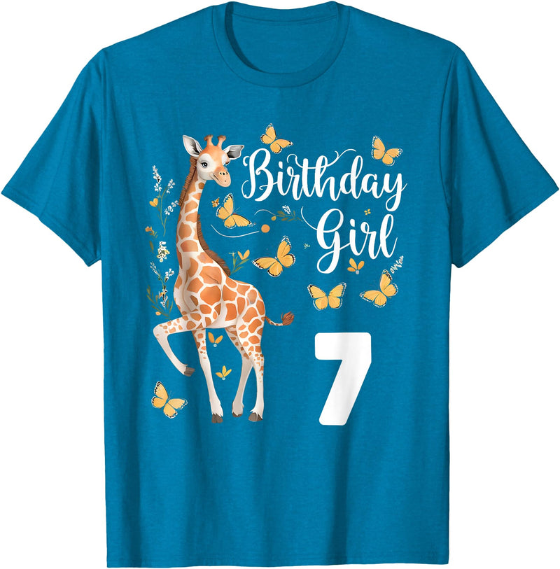 Giraffe Birthday Party by LazyPanda Giraffe 7th Birthday Girl 7 Years Old Giraffe Lover T-Shirt - Sapphire Blue