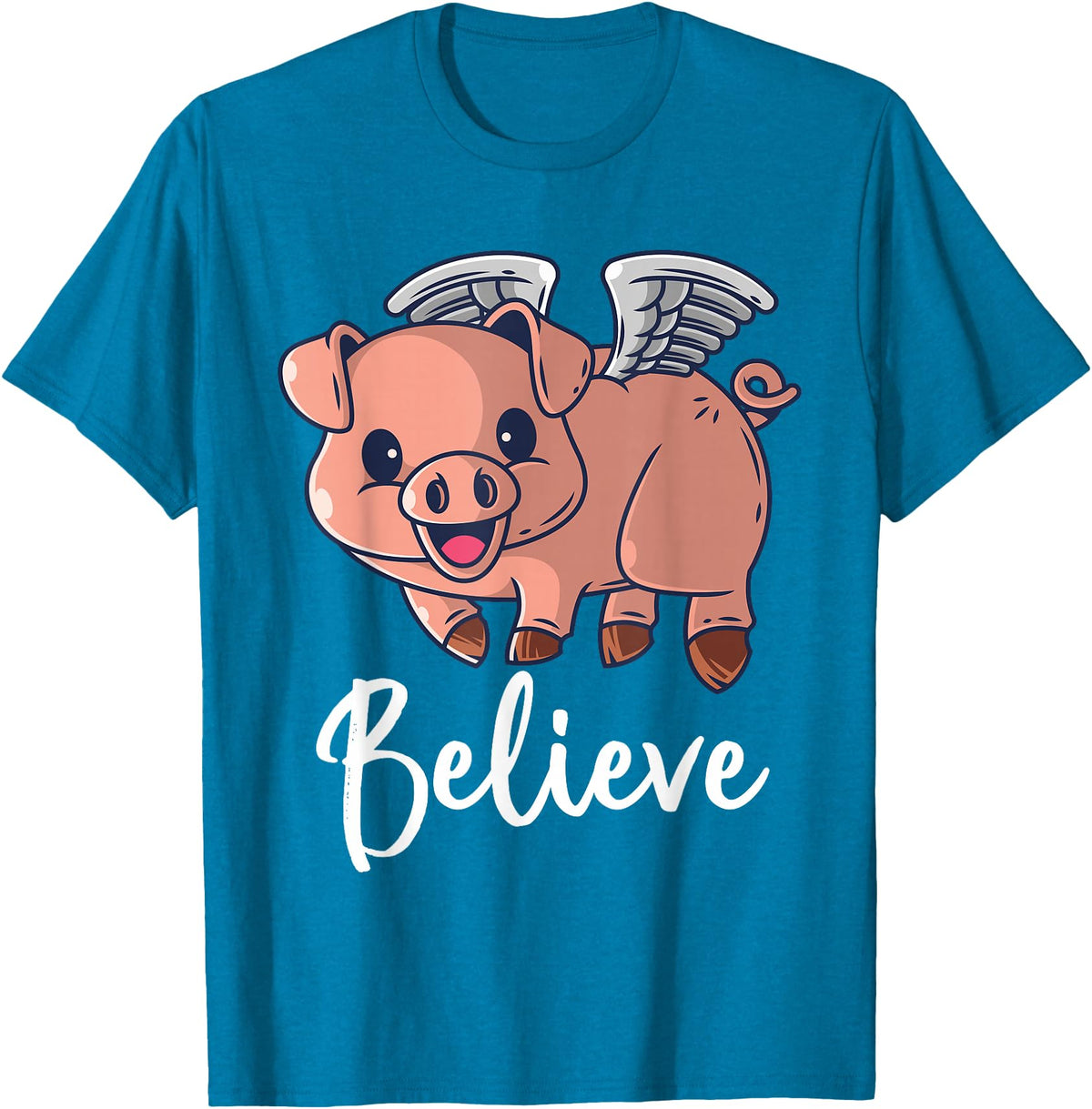 Buddy Tees Flying Pig with Wings Believe Motivational Pigs T-Shirt - Sapphire Blue