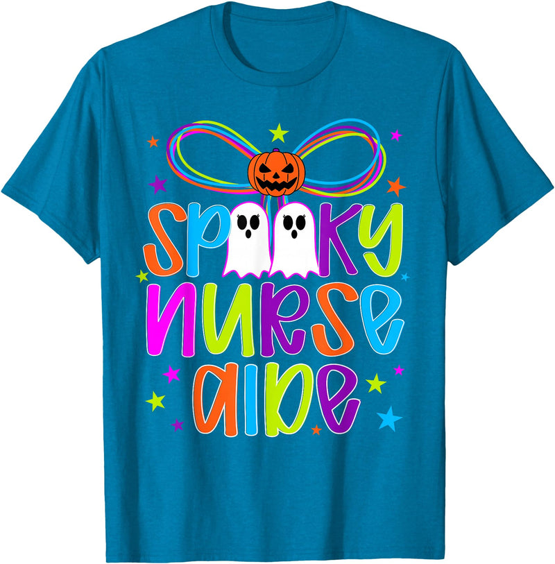 Coquette Halloween Nurse Aide Ghost Spooky Nurse Aide Halloween Nursing Aide Preppy T-Shirt - Sapphire Blue
