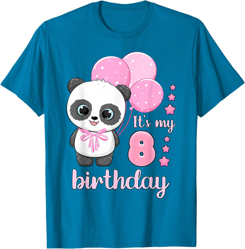 Birthday Gifts for Girls by Content Design Studio Birthday Girl 8 Panda Pink Balloons T-Shirt - Sapphire Blue