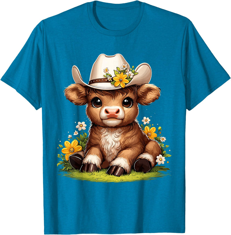 Cute Scottish Highland Cow Lovers Scottish Highland Cow Flowers Cattle Hairy Cow T-Shirt - Sapphire Blue