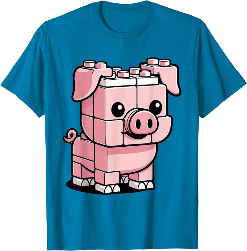 BlockPals DM Funny Pink Brick Pig Building Blocks Farm Animal Character T-Shirt - Sapphire Blue