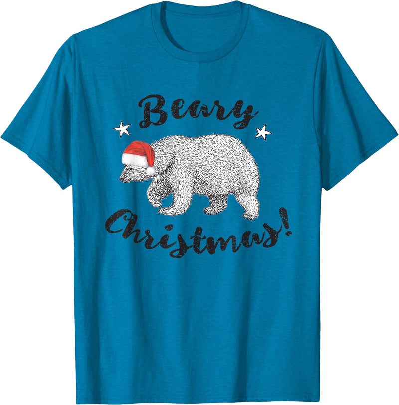 ChescaMade Christmas Apparel Beary Christmas Cute Polar Bear In Santa Hat T-Shirt - Sapphire Blue