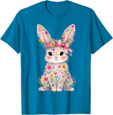 Cute Pink Flower Bunny Rabbit Happy Easter Women Girls T-Shirt in Sapphire Blue