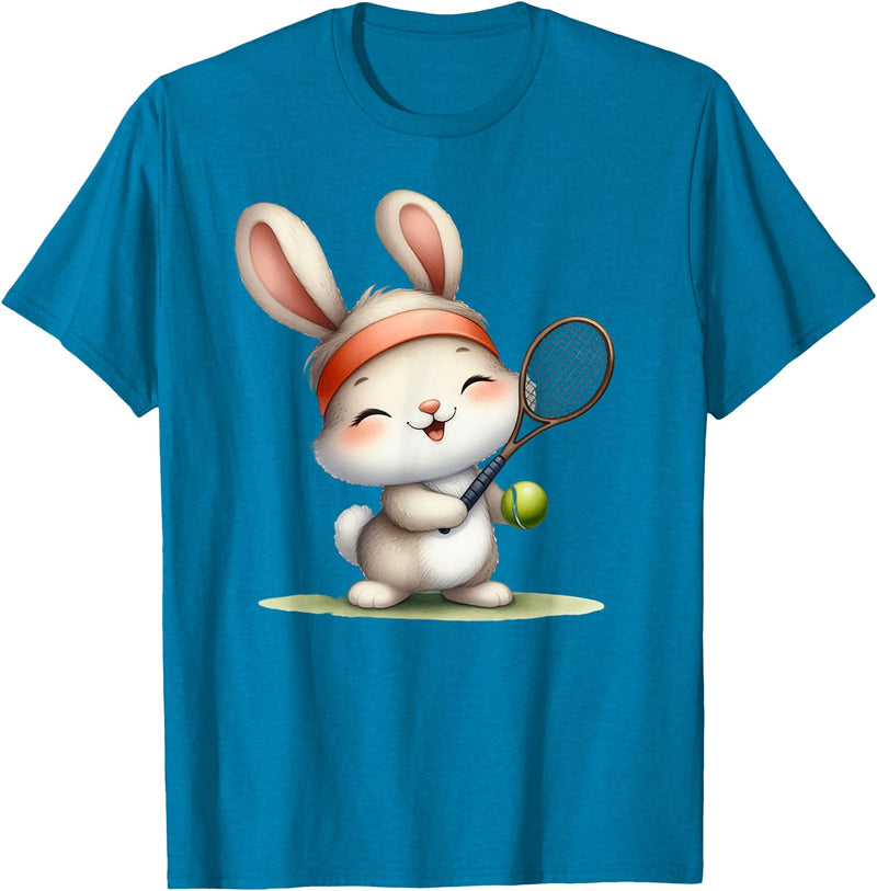 Cute Bunny Rabbit Tennis Player Cartoon Mascot T-Shirt in Sapphire Blue