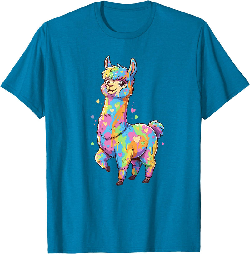 Rainbow Llama Love Pastel Hearts Kawaii Colorful Rainbow Heart Llama Kawaii Cute T-Shirt - Sapphire Blue